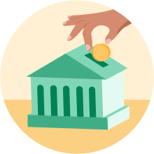 A green bank that has a coin slot at the top where a hand is depositing a coin.