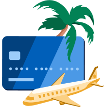 A blue credit card with a golden plane at the bottom and a palm tree at the top.